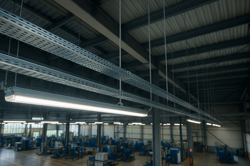 Perfilados metálicos e eletrocalhas organizados em instalação industrial com cabos elétricos e ambiente iluminado