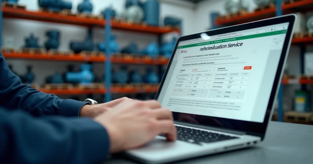 Pessoa usando calculadora online para especificar motobombas em ambiente industrial com bombas ao fundo