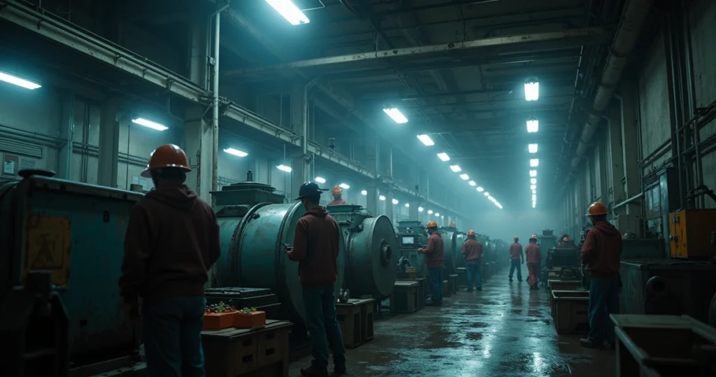 Ambiente industrial com iluminação fraca e lâmpadas antigas sobre máquinas e trabalhadores