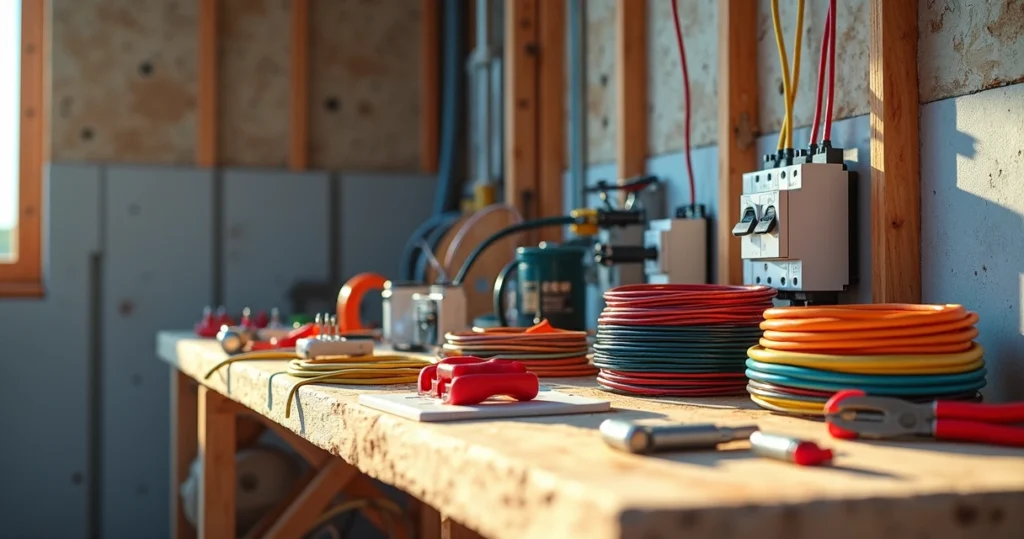 Materiais elétricos essenciais organizados sobre bancada de obra com fiação, disjuntores e ferramentas