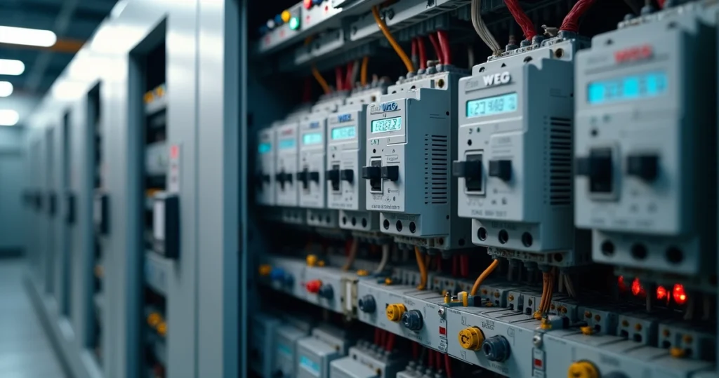 Painel de controle elétrico com dispositivos de partida e proteção de motores WEG instalados