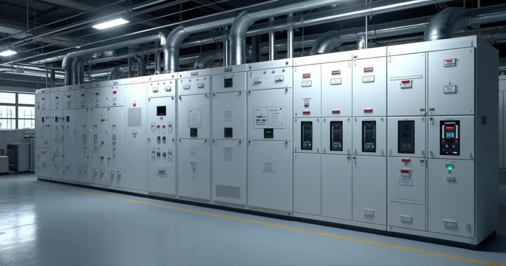 Painéis elétricos QGBT e CCM instalados em ambiente industrial moderno, com fiação organizada e iluminação técnica