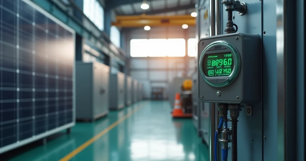 Painel solar conectado a medidor de consumo de energia em ambiente industrial moderno
