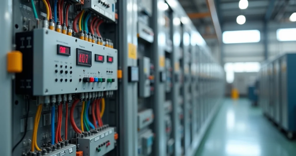 Quadro de controle de fator de potência instalado em painel elétrico industrial com cabos e componentes visíveis