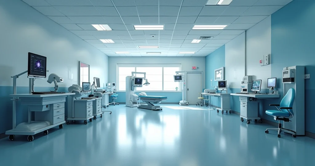 Sala hospitalar moderna com equipamentos médicos conectados ao sistema IT Médico WEG, mostrando estrutura elétrica e cabos seguros