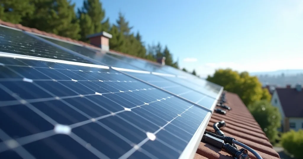 Painel solar fotovoltaico em telhado sob céu azul claro, com refletores solares e conexão elétrica visível