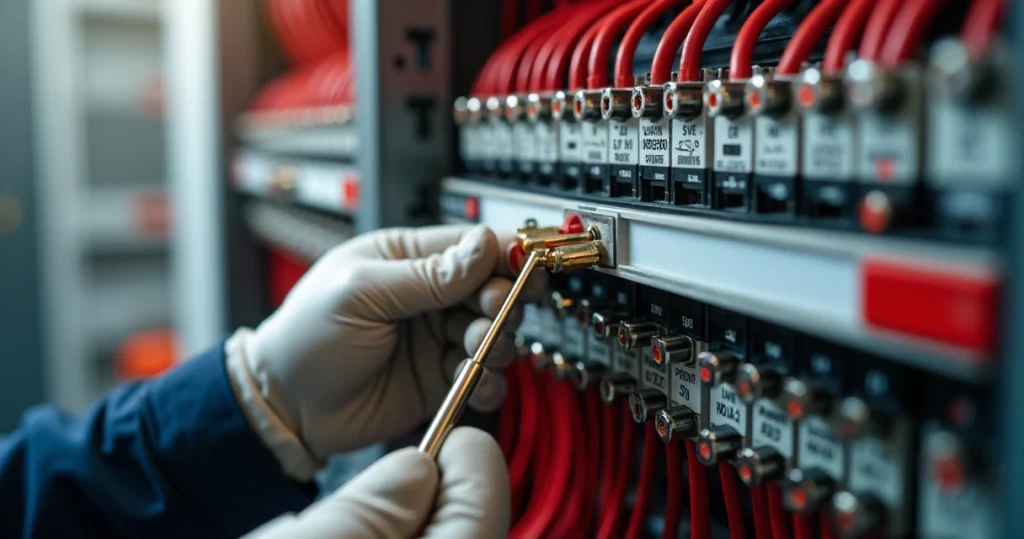 Técnico instalando fios e cabos em painel elétrico com ferramentas, ambiente de instalação elétrica organizada e iluminada