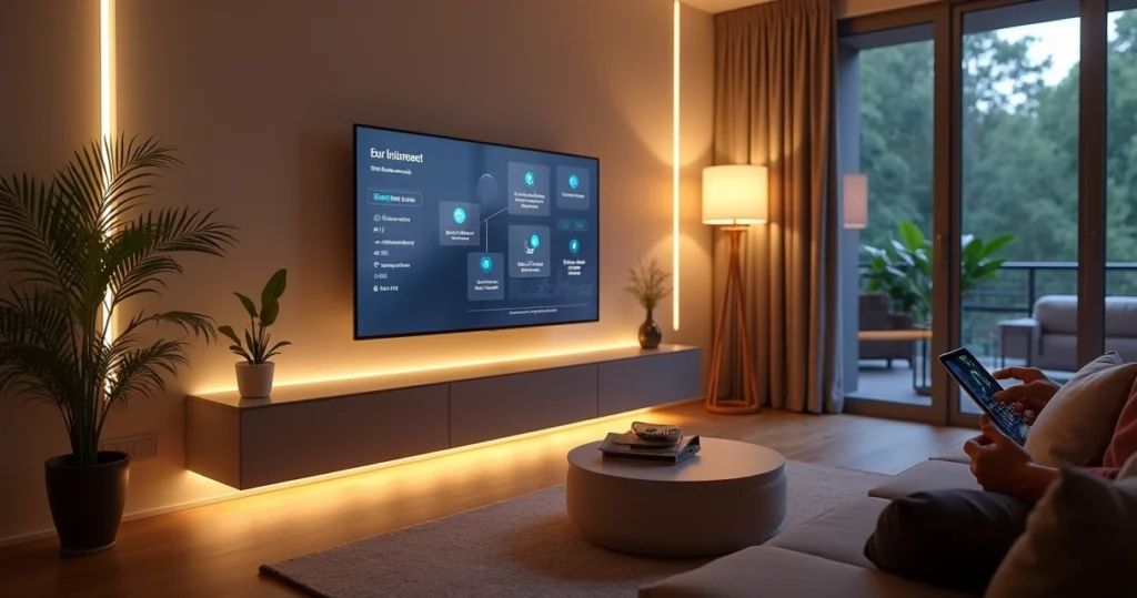 Sala moderna com automação residencial WEG em funcionamento, luzes inteligentes, controle por tablet e dispositivos conectados
