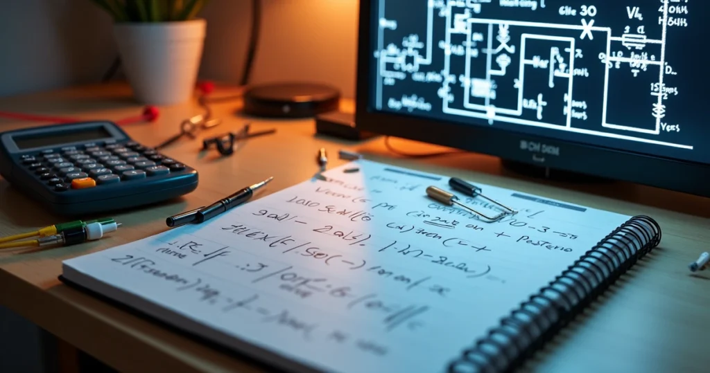 Calculadora, dispositivos elétricos e tela com fórmula de energia em uma mesa de trabalho