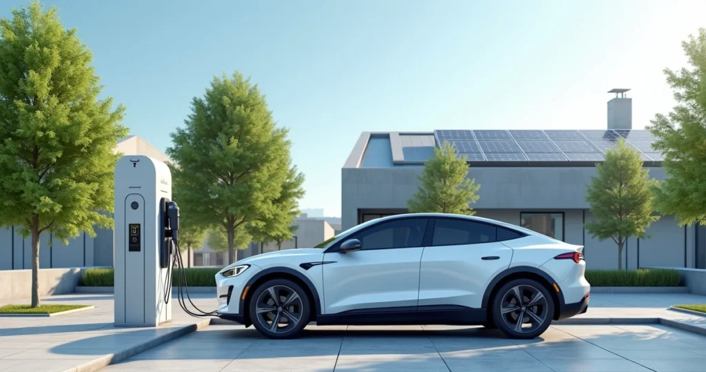 Carro elétrico em estação de recarga moderna, com painel solar ao fundo e céu azul claro
