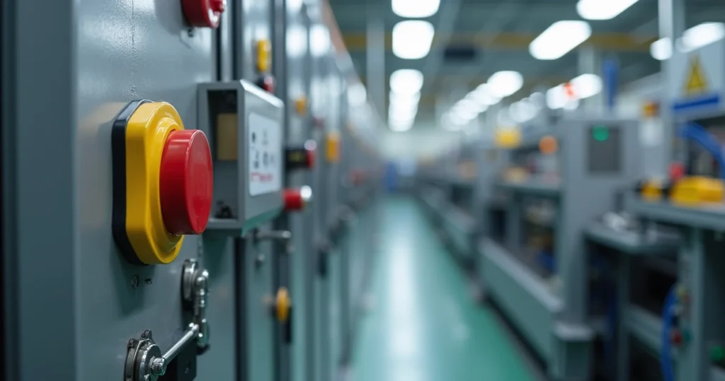 Chave de emergência acionada por cabo instalada em máquina industrial com painel elétrico robusto
