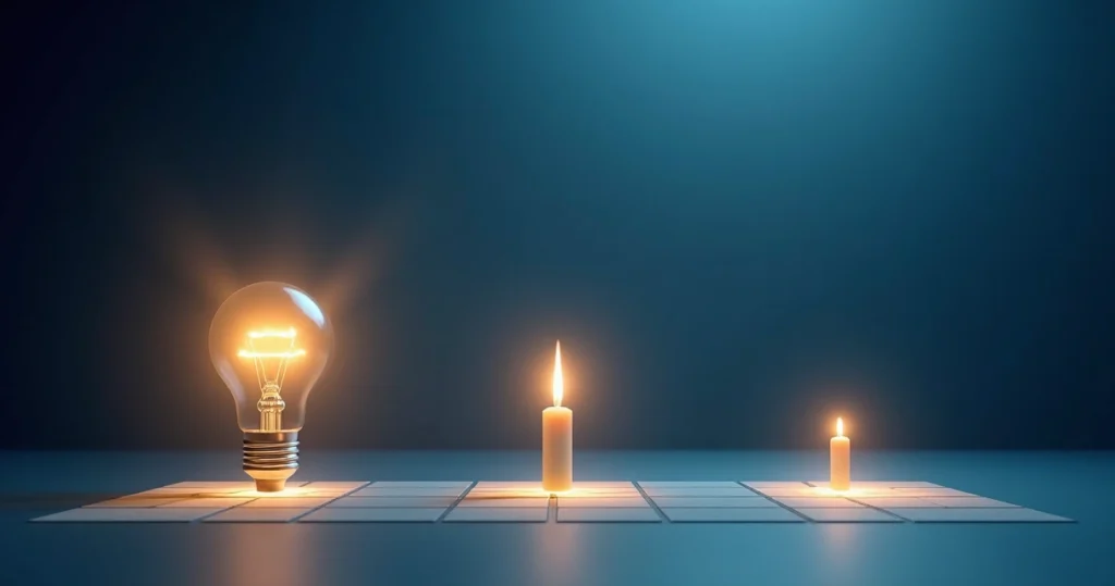Ilustração detalhada com símbolos de fluxo luminoso, lúmens, candela e lux sobre fundo azul escuro