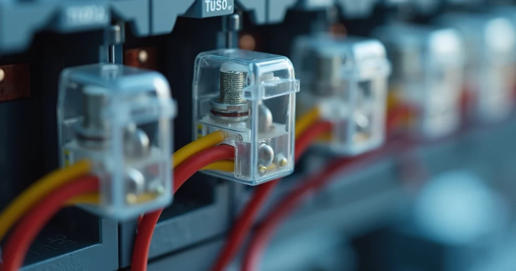 Conectores Wago 221 instalados em cabos elétricos dentro de caixa de passagem com fios flexíveis e rígidos, detalhes das alavancas abertas e fechadas mostrando conexão a mola transparente em ambiente