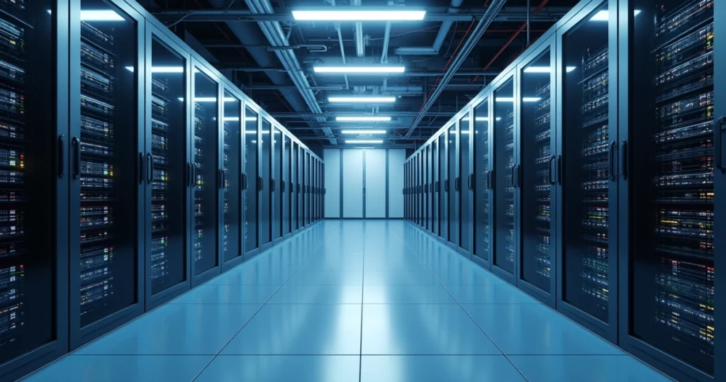 Interior de data center moderno com servidores alinhados e iluminação azul