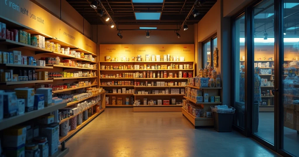 Interior de loja comercial com iluminação inadequada, luzes amareladas e áreas mal iluminadas que prejudicam a visibilidade dos produtos