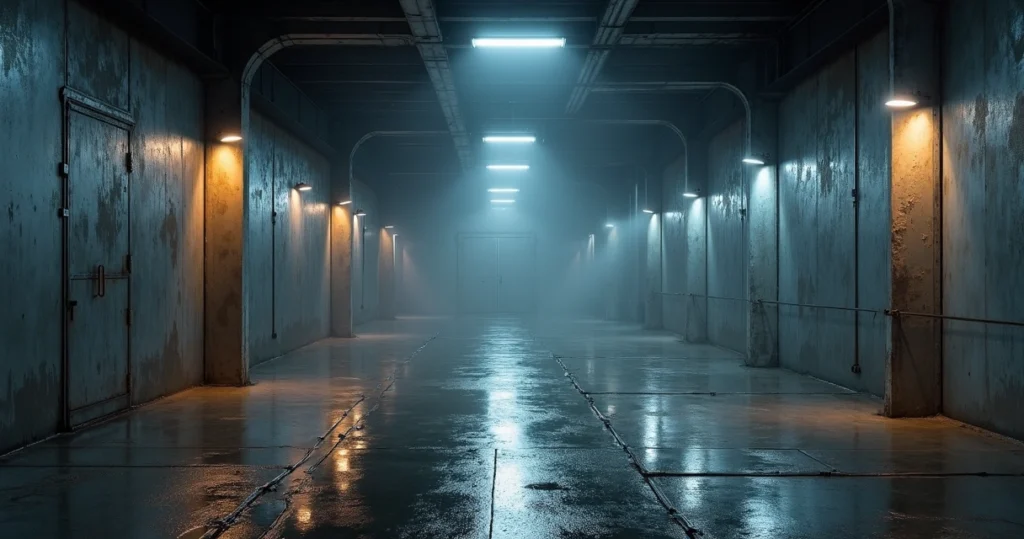 Luminária LED Damp Proof instalada em câmara fria com ambiente industrial e paredes metálicas