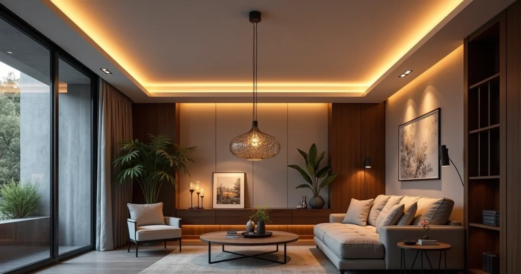 Sala de estar com iluminação técnica embutida no teto e luminárias decorativas modernas