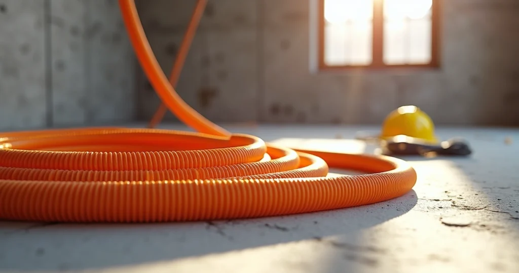 Mangueiras corrugadas laranja e amarela flexíveis em ambiente de obra elétrica