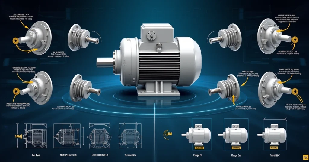 Motor elétrico WEG W22 com diferentes configurações de fixação destacadas sobre fundo técnico azul escuro