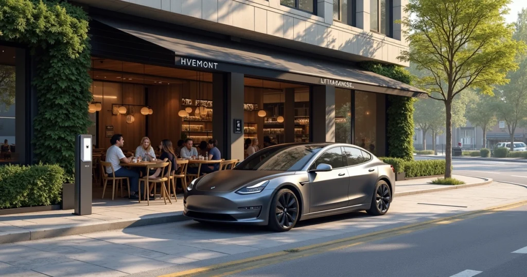 Vista externa de restaurante moderno com carro elétrico conectado a ponto de recarga próximo à entrada