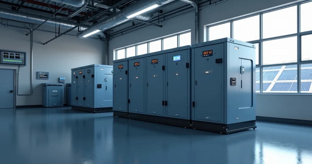 Sistema BESS moderno para armazenamento de energia solar com baterias de íons de lítio instaladas em ambiente industrial