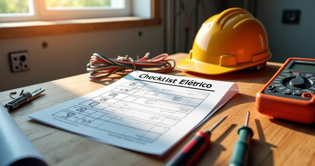 Mesa de obra com checklist elétrico, ferramentas e materiais elétricos organizados para inspeção prévia