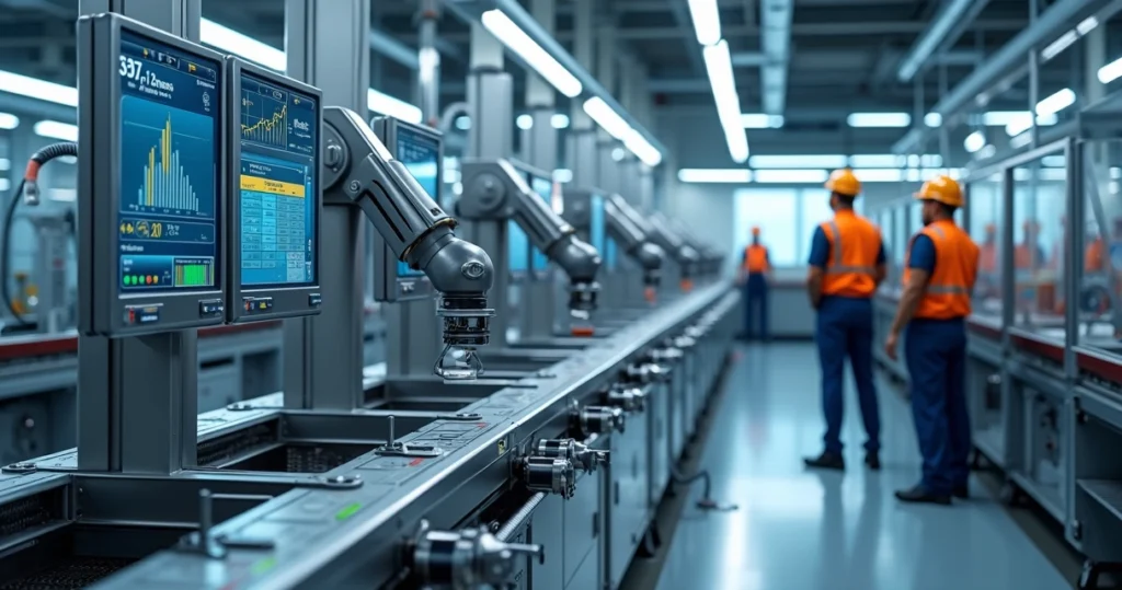 Máquina industrial moderna em operação com sistema automatizado em ambiente fabril