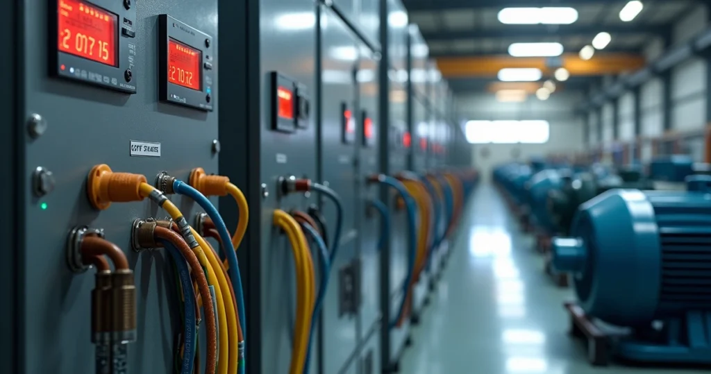 Cabos elétricos conectados a um motor industrial em ambiente de instalações elétricas industriais