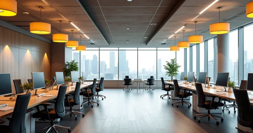 Escritório moderno com iluminação corporativa branca e amarelo quente, luminárias pendentes e luz natural entrando por janelas amplas