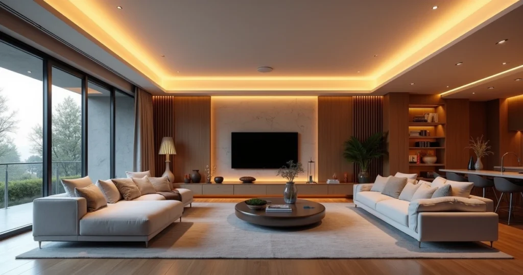 Sala de estar moderna com iluminação de LED inteligente embutida no teto, luzes ajustáveis em tons quentes e frios, móveis elegantes e decoração minimalista