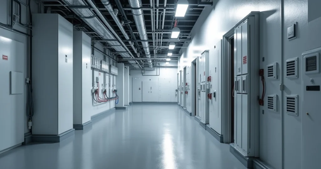Vista detalhada de infraestrutura elétrica coletiva em condomínio, cabos organizados instalados em eletrocalhas metálicas, quadro de distribuição aberto com componentes elétricos modernos e iluminação