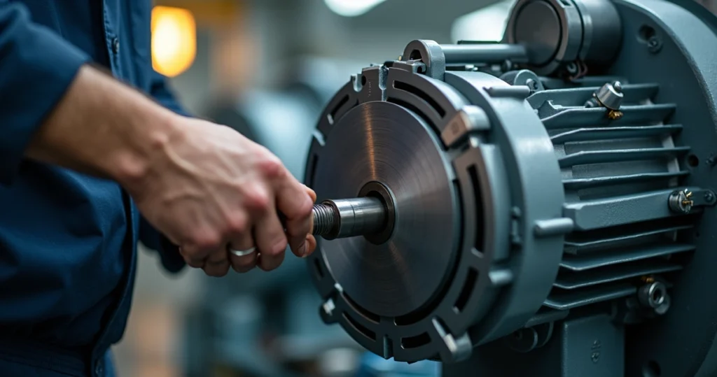 Motor elétrico industrial em manutenção com ferramentas profissionais e ambiente limpo e iluminado