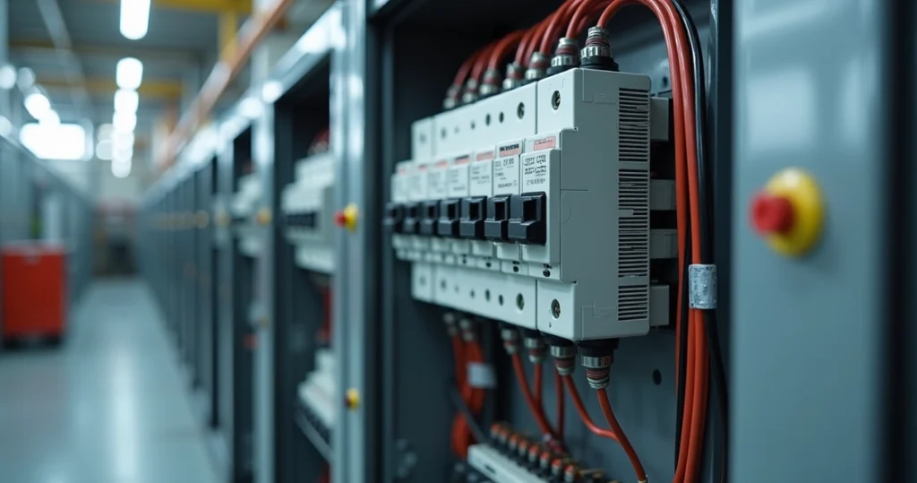 Painel elétrico industrial com disjuntores e dispositivos de proteção instalados