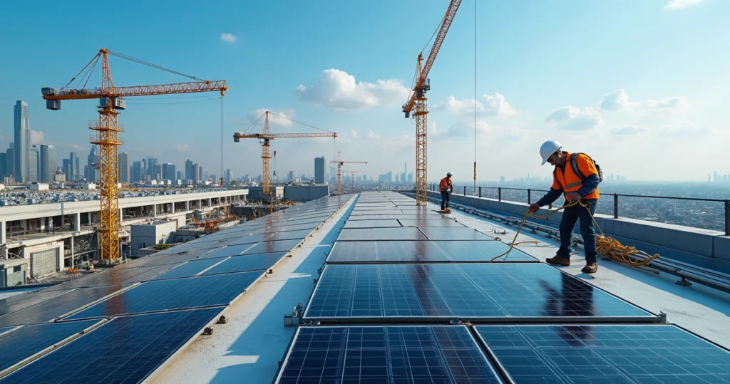Vista aérea de obra de infraestrutura com painéis solares instalados e trabalhadores em equipamentos elétricos modernos