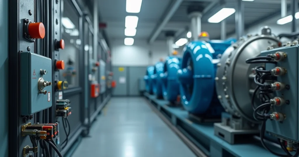 Chave de partida elétrica instalada em painel industrial com motor trifásico ao fundo