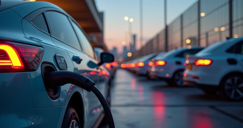 Estação de recarga para veículos elétricos em ambiente urbano moderno ao entardecer, com carros elétricos conectados e painel digital exibindo monitoramento de energia