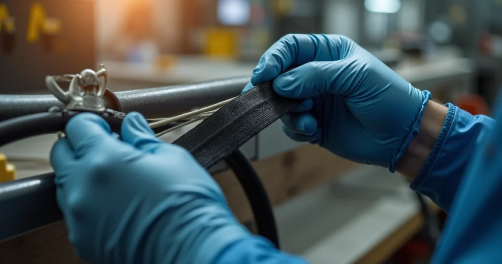 Fita de autofusão sendo aplicada em tubo elétrico, com superfície limpa e mãos utilizando luvas