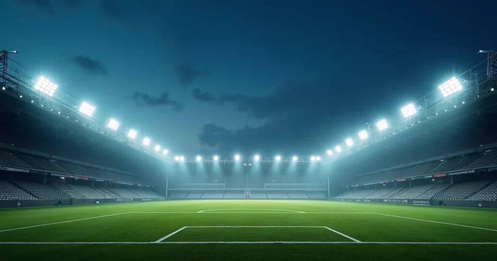 Arena esportiva iluminada com refletores de alta potência durante evento à noite