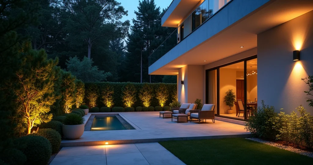 Área externa de residência iluminada com luzes técnicas modernas e decoração elegante