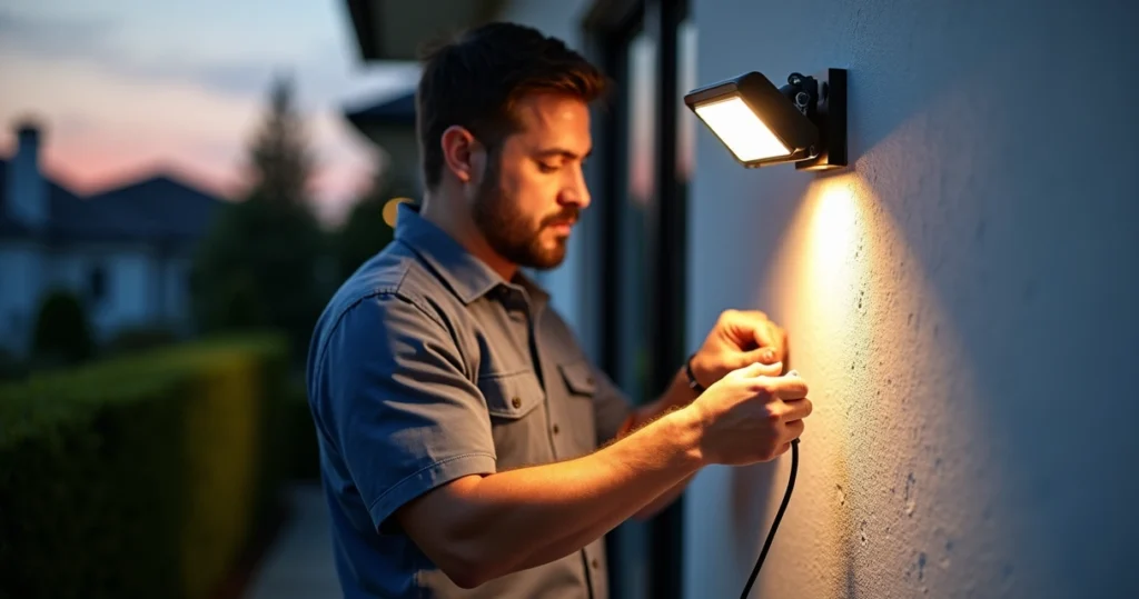 Técnico instalando projetor LED externo em parede com kit de ferramentas e cabos isolados em ambiente externo iluminado