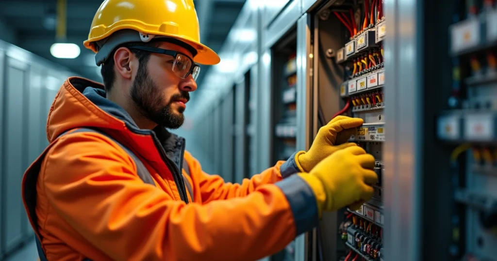 Pessoa com equipamento de proteção trabalhando em quadro elétrico com atenção aos procedimentos de segurança