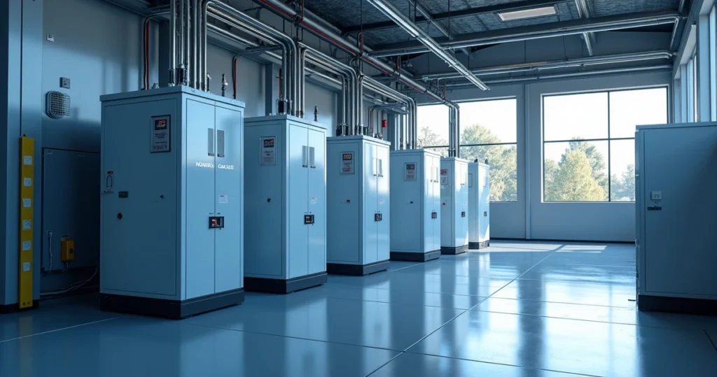 Sistema de armazenamento de energia com baterias instaladas em ambiente industrial moderno e bem iluminado