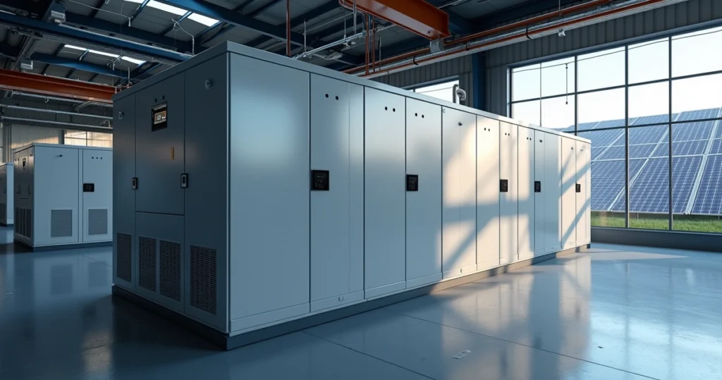 Sistema de armazenamento de energia em baterias instalado em ambiente industrial moderno com iluminação técnica e painéis solares ao fundo
