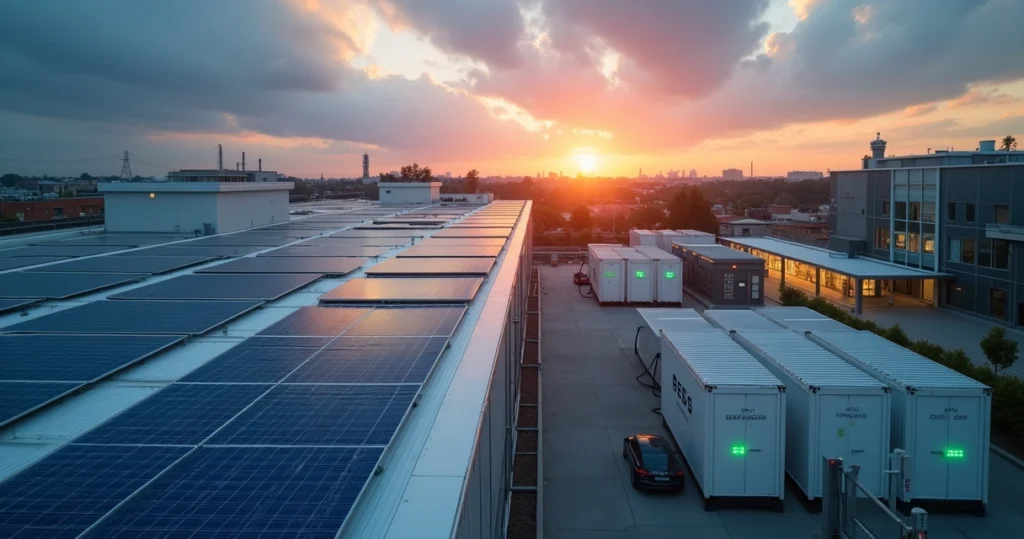 Complexo industrial com energia solar, baterias e estação de recarga integrados