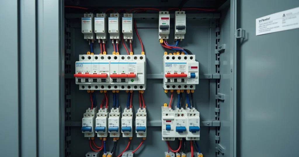 Painel elétrico com disjuntores, DPS e DR organizados em trilho din
