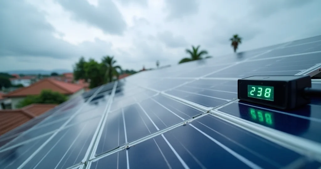 Painéis solares gerando energia em dia nublado