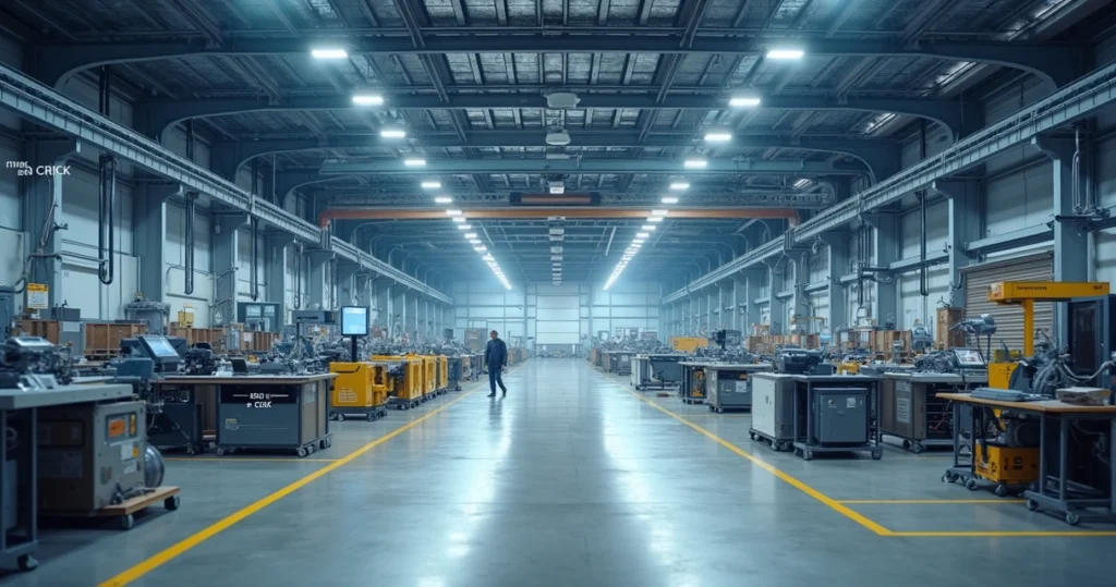 Galpão industrial com projeto luminotécnico em LED e sensores de presença no teto