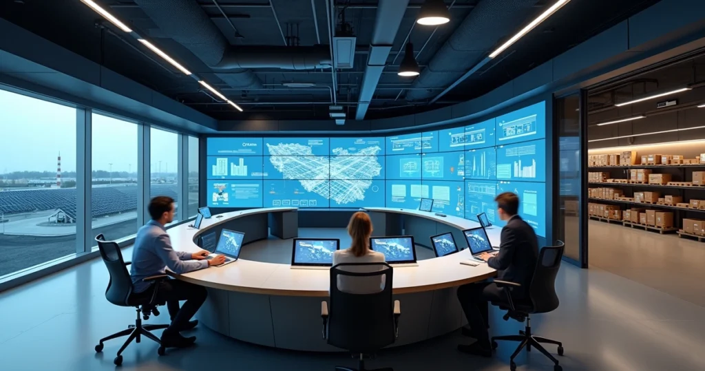 Sala de controle moderna com painéis de energia e iluminação planejada
