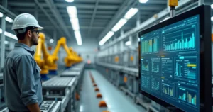 Linha de produção automatizada com robôs industriais e painel de controle digital