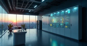Sala de controle moderna com paredes de baterias de lítio e dashboards de energia em telas grandes